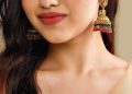 RUBANS GOLD PLATED PINK & GREEN BEADS HANGINGS JHUMKA EARRINGS SET